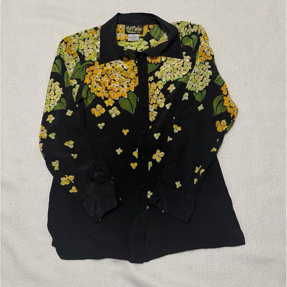 Vintage Bob Mackie Wearable Art 100% Silk Floral Blouse, Size Medium